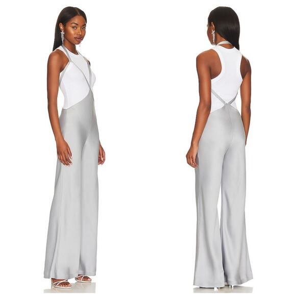 NWT Norma Kamali Silver Satin Halter Bias Overall Pants $315 Medium - Picture 2 of 11